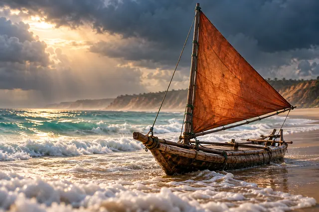 Jangada com vela terracota na beira do mar, sob raios de sol entre nuvens escuras e falésias ao fundo.