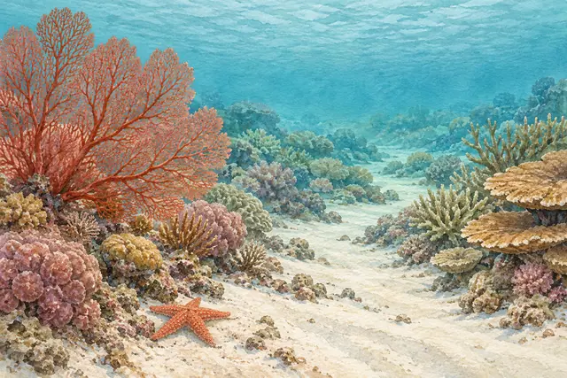 Aquarela de recife com leque de coral vermelho, estrela-do-mar laranja e caminho de areia sob águas turquesas.