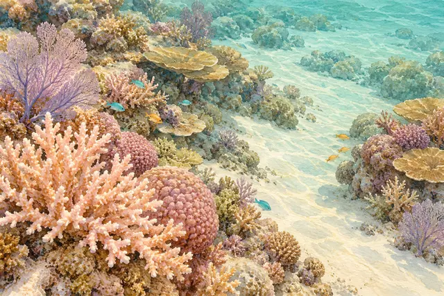 Aquarela de corais em tons de pêssego e lilás, com pequenos peixes ao redor de um caminho de areia sob água cristalina.