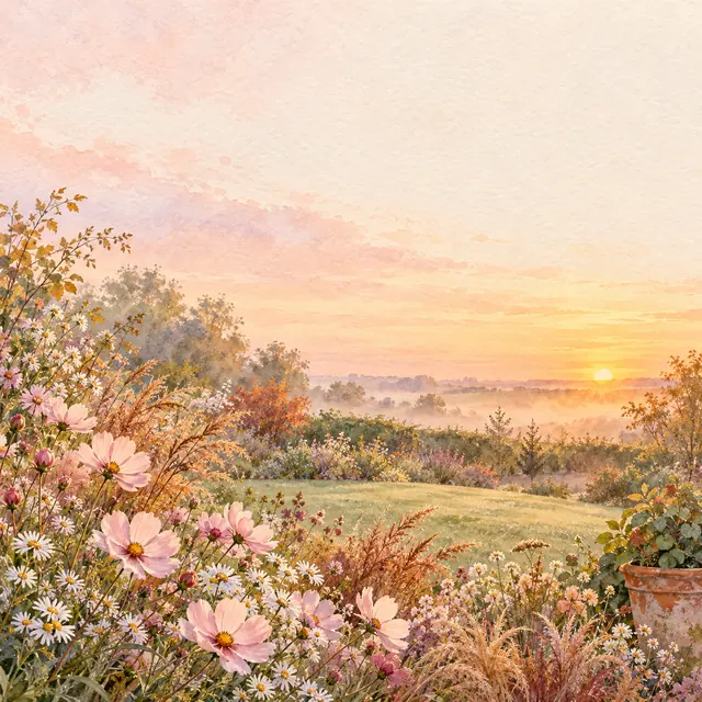 Aquarela de jardim com flores rosadas e brancas, vaso de terracota e sol nascente sob um amplo céu claro.