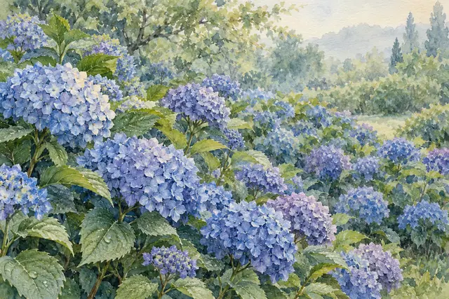 Aquarela de hortênsias azuis e lilases entre folhas com gotas de água, com árvores suaves ao fundo.