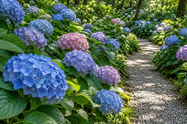 Hortênsias azuis, lilases e rosadas ladeiam um caminho de cascalho sob a luz filtrada pelas árvores.