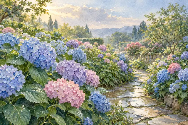 Aquarela de hortênsias azuis, lilases e rosas junto a um caminho de pedras, com árvores e montanhas ao fundo.