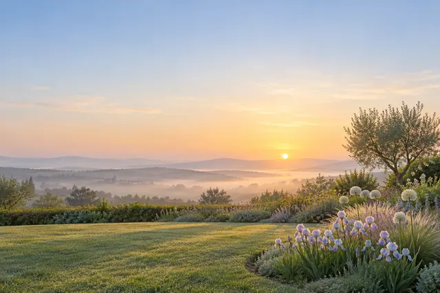 Sol nascendo sobre colinas com névoa, diante de um jardim com íris lilases, flores brancas e uma oliveira.