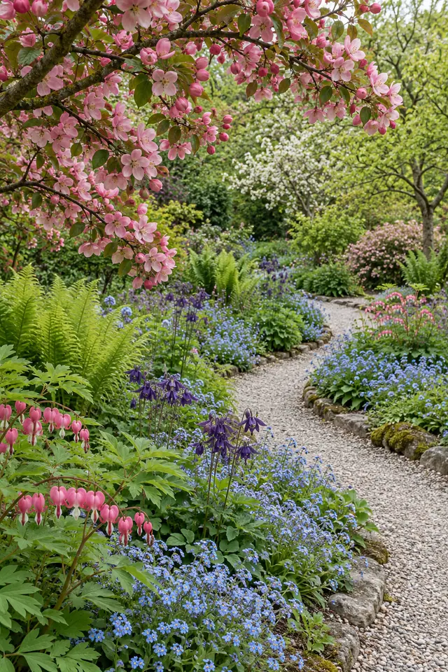 Caminho de cascalho entre flores azuis, roxas e rosadas, sob ramos floridos em um jardim de primavera.