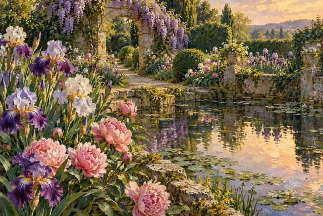 Pintura de jardim florido com íris, peônias, lago e arco de pedra coberto de glicínias à luz do fim da tarde.
