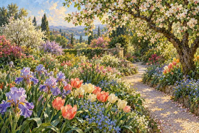 Pintura a óleo de jardim florido com tulipas, íris e caminho de cascalho sob uma árvore em flor.