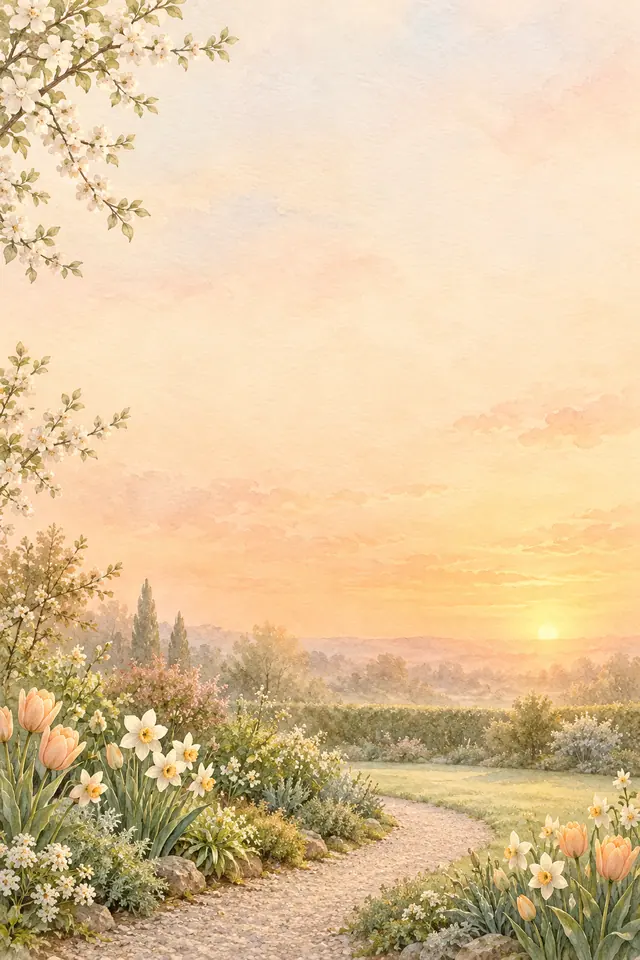 Aquarela de jardim ao amanhecer com tulipas, narcisos, caminho curvo e céu claro com espaço para mensagens.