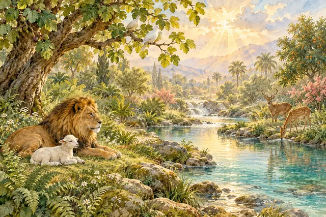 Aquarela do Jardim do Éden com leão, cordeiro, cervos e pombas junto a um rio sob luz dourada.