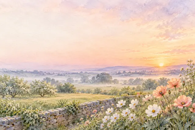 Aquarela de jardim com flores brancas e coral, muro de pedras e sol nascente sob um amplo céu em tons suaves.