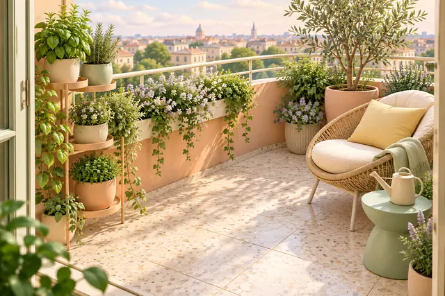Varanda com vasos de ervas e flores, oliveira, poltrona de fibra natural e mesa verde com regador.