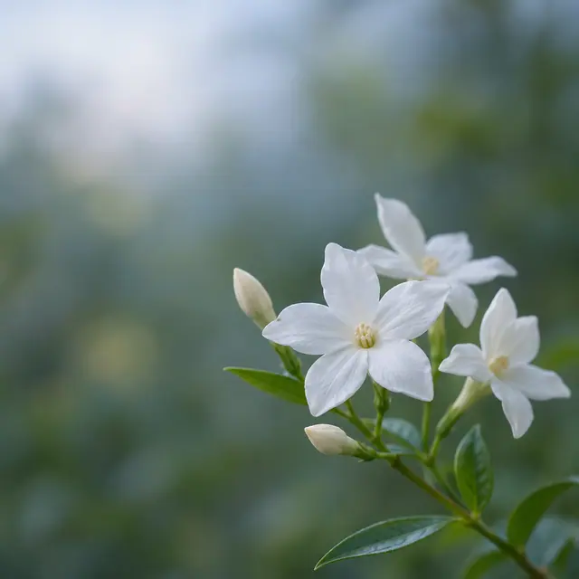 Flores brancas e botões de jasmim no canto inferior direito, com folhas verdes e fundo suave desfocado.