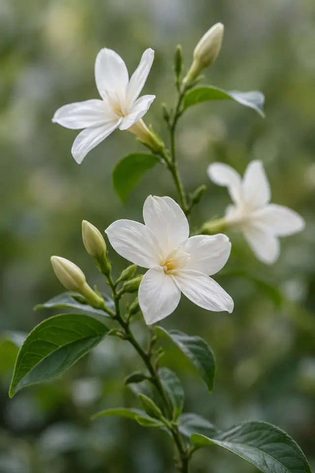 Flores brancas de jasmim com botões fechados e folhas verdes diante de um jardim desfocado.
