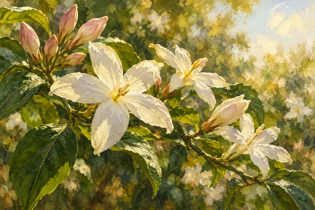 Pintura a óleo de jasmins brancos e botões rosados entre folhas verdes, iluminados pelo sol da manhã.