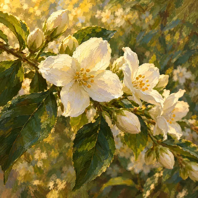 Pintura a óleo de jasmins brancos com botões e folhas verdes sob luz dourada, sobre um fundo de jardim.