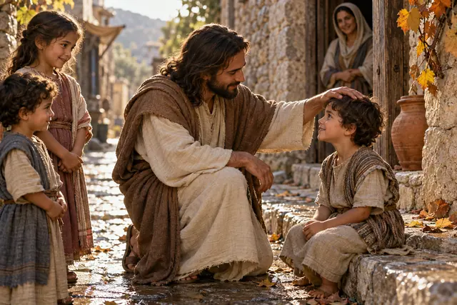 Jesus ajoelhado abençoa um menino em uma vila de pedra, com outras crianças e uma mulher sob a luz da manhã.