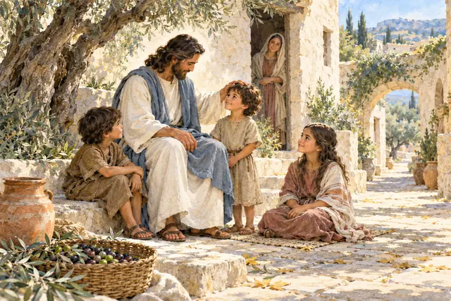 Aquarela de Jesus abençoando uma criança junto a outras duas, sob uma oliveira em uma vila de pedra.