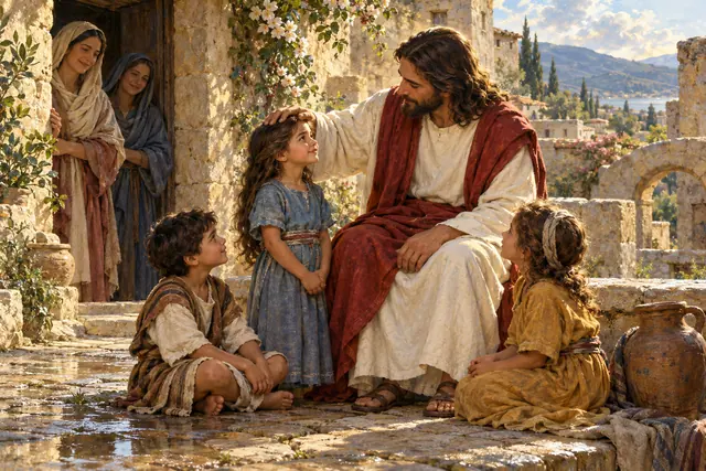 Jesus abençoa uma menina entre crianças em um pátio de pedra florido, com duas mulheres à porta e luz da manhã.