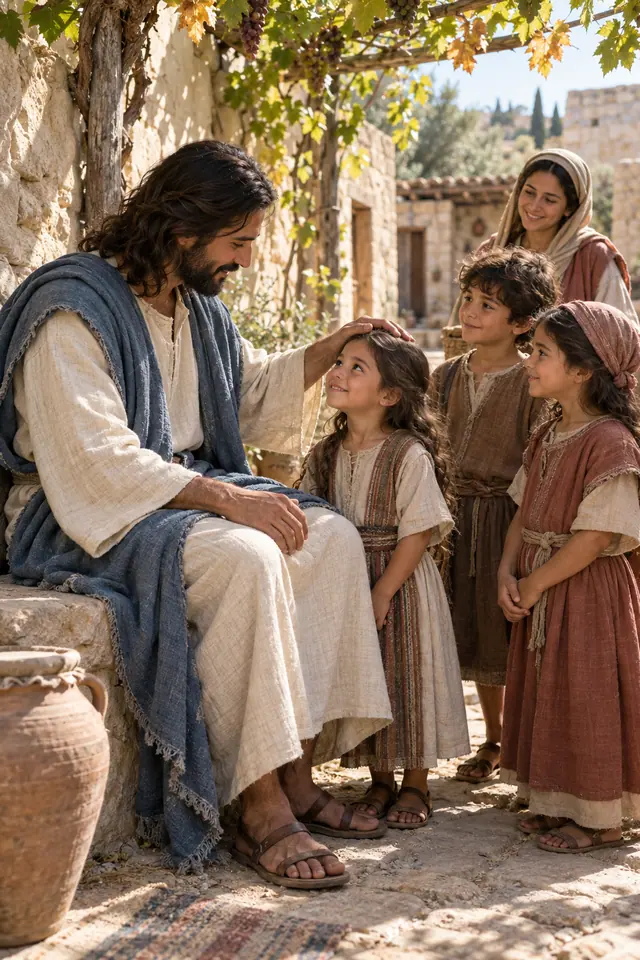 Jesus abençoa uma menina diante de outras duas crianças e uma mulher, sob uma parreira em uma aldeia de pedra.