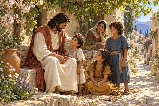 Jesus abençoa um menino ao lado de duas crianças e uma mulher, em um pátio florido sob uma parreira.