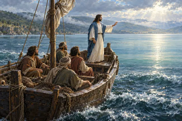 Jesus ergue a mão em um barco com quatro discípulos, entre ondas, montanhas e raios de sol que atravessam as nuvens.