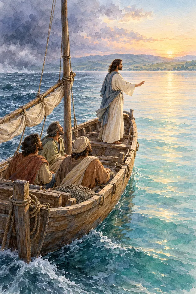 Jesus ergue a mão em um barco com três discípulos, entre ondas e águas calmas iluminadas pela manhã, em aquarela.