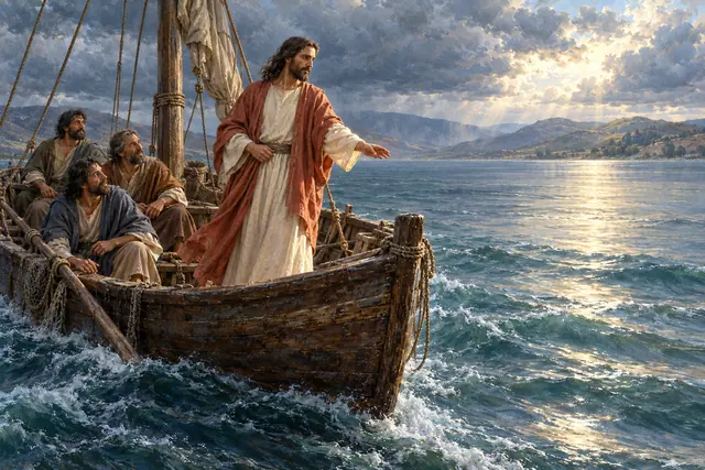 Jesus acalma o mar em um barco de madeira com três discípulos, sob raios de sol que atravessam as nuvens.