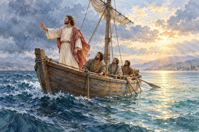 Aquarela de Jesus com a mão erguida em um barco com três discípulos, entre ondas e luz dourada no mar da Galileia.