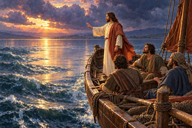 Jesus ergue a mão e acalma o mar ao pôr do sol, acompanhado por três discípulos em um barco de madeira.