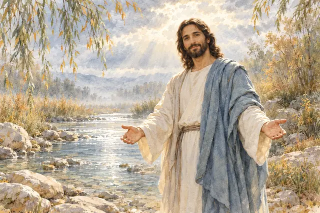 Jesus de braços abertos junto a um rio, com manto azul, folhas de outono e luz suave entre as nuvens, em aquarela.