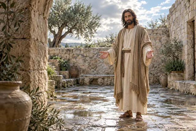 Jesus de braços abertos em um pátio de pedra molhado, com oliveiras e luz suave entre as nuvens.