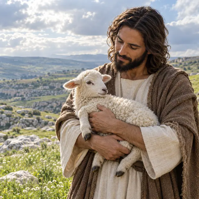 Jesus segura um cordeiro branco com ternura diante de colinas verdes e pequenas flores sob um céu com nuvens.