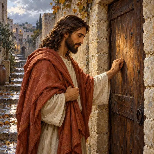 Jesus de manto terracota bate a uma porta de madeira, entre paredes de pedra e folhas de outono.