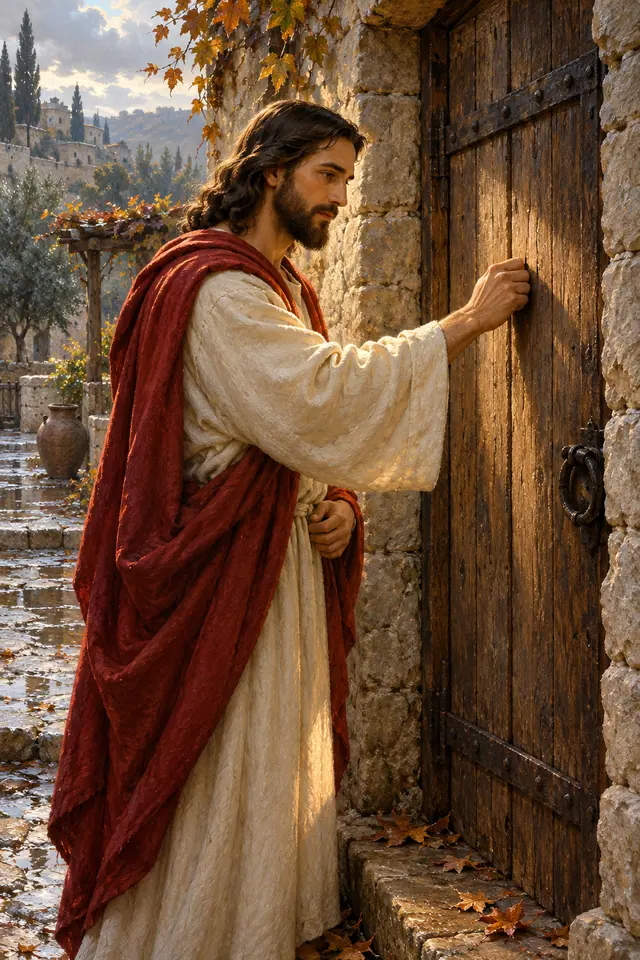 Jesus de túnica clara e manto vermelho bate à porta de madeira, sob luz dourada e folhas de outono.