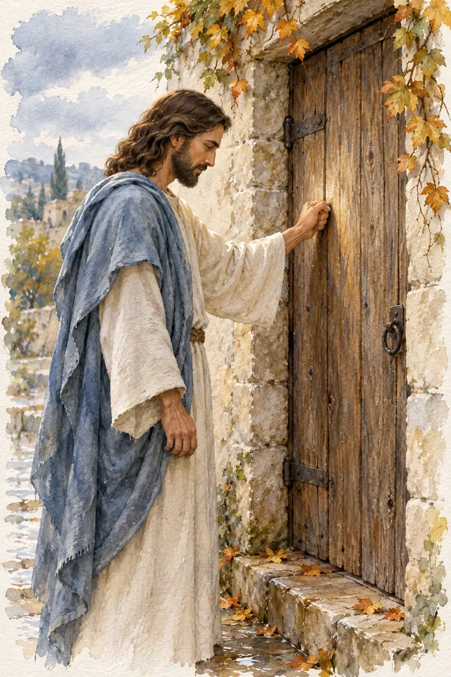 Aquarela de Jesus com manto azul batendo em uma porta rústica de madeira, entre pedras e folhas de outono.