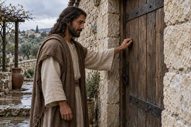Jesus de túnica clara e manto marrom bate em uma porta rústica de madeira, diante de uma casa de pedra.