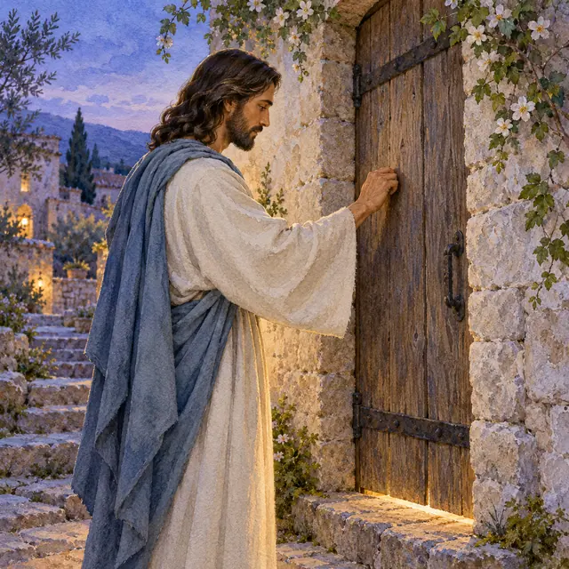 Jesus de manto azul bate a uma porta rústica entre flores brancas, em aquarela ao anoitecer.