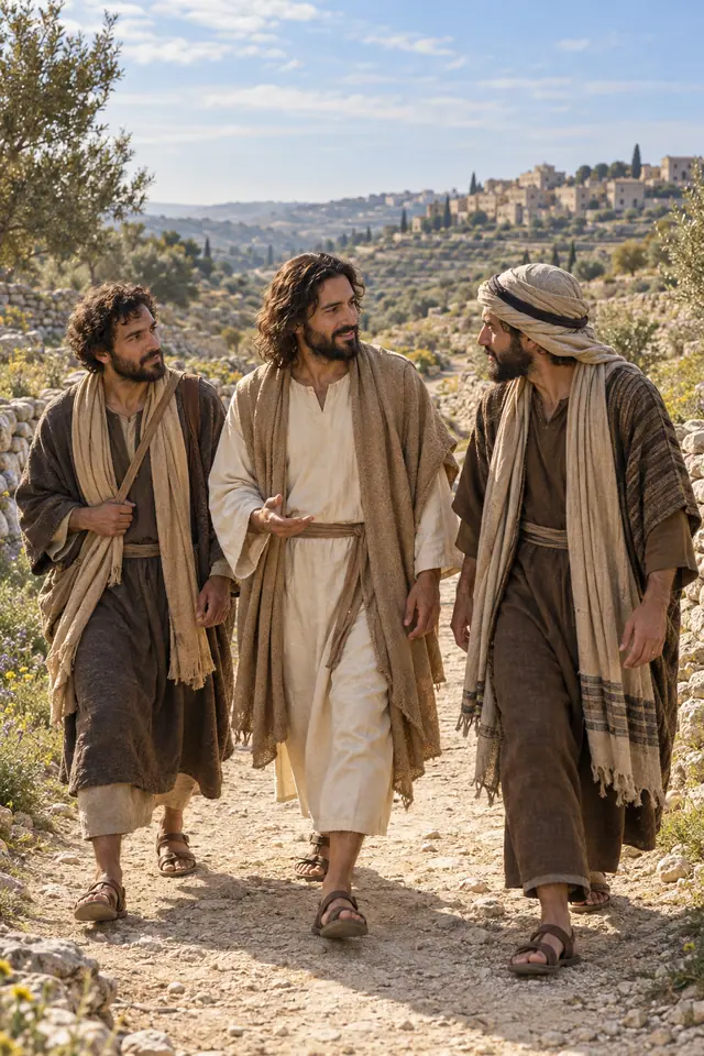 Jesus conversa com dois discípulos em uma estrada de terra, com oliveiras, colinas e um povoado ao fundo.