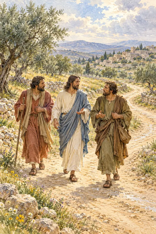 Aquarela de Jesus com dois discípulos na estrada de Emaús, entre oliveiras e flores, com uma aldeia ao fundo.