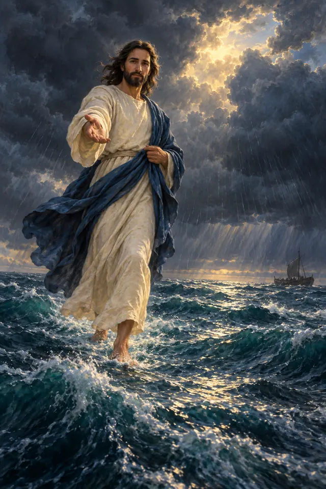 Jesus estende a mão ao caminhar sobre o mar tempestuoso, com luz entre as nuvens e um barco ao fundo.