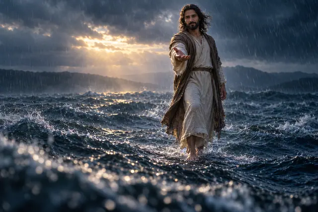 Jesus estende a mão enquanto caminha sobre o mar agitado, sob chuva e raios dourados entre nuvens escuras.