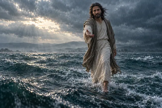 Jesus estende a mão enquanto caminha sobre um mar agitado, sob chuva e nuvens atravessadas pela luz.