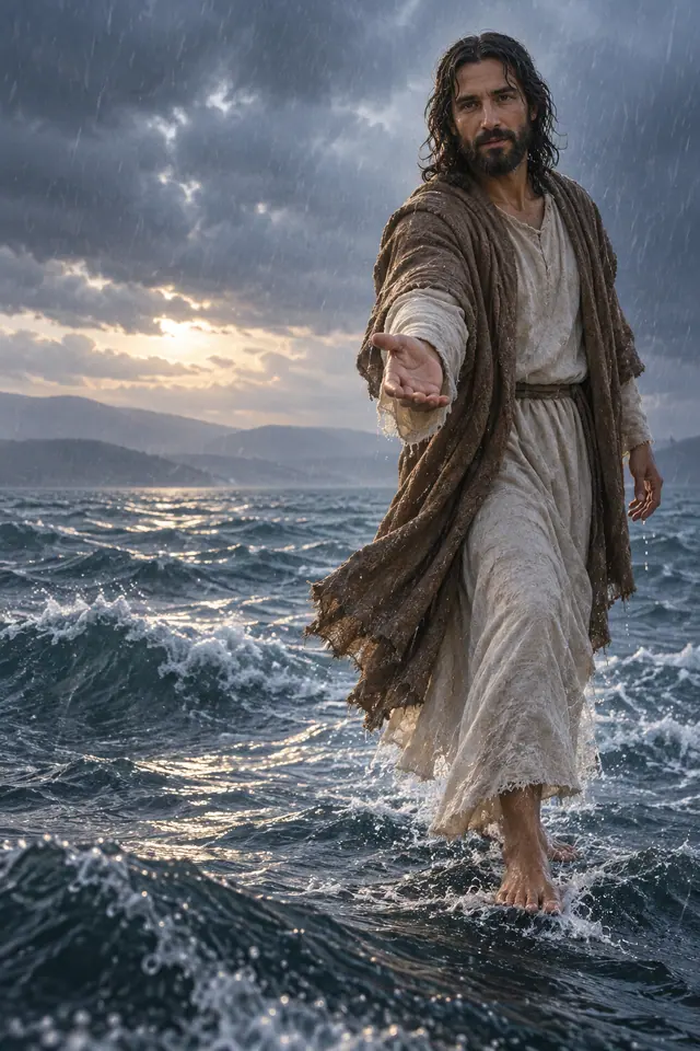 Jesus estende a mão enquanto caminha sobre ondas sob a chuva, com luz entre nuvens e montanhas ao fundo.