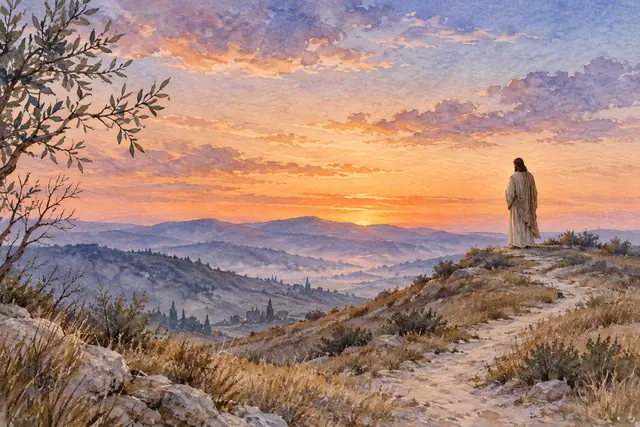 Jesus de costas sobre uma colina ao pôr do sol, com caminho de pedras e montanhas em aquarela.