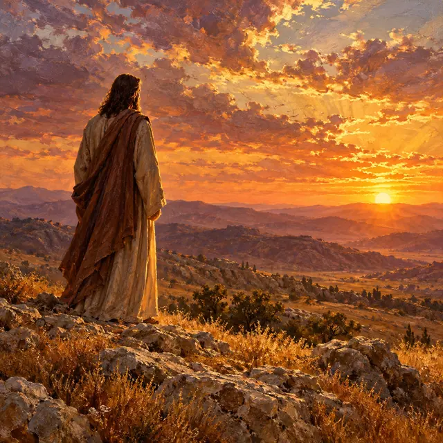 Jesus de costas em uma colina rochosa, diante de montanhas e de um céu dourado ao pôr do sol, em pintura a óleo.