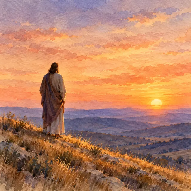 Jesus de costas em uma colina com capim seco, diante de montanhas e do pôr do sol, em aquarela.