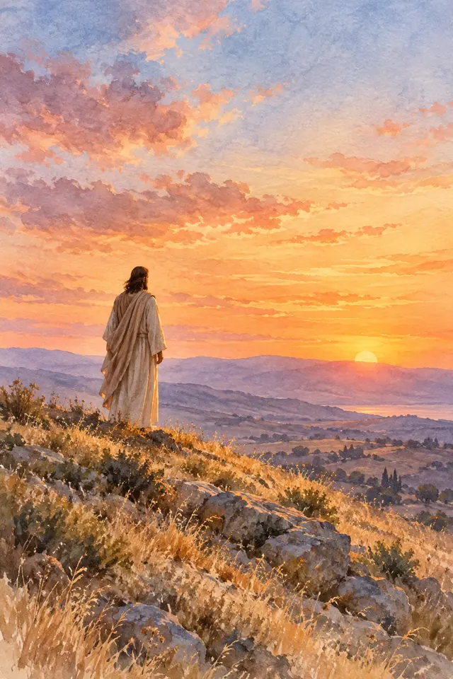 Jesus de costas em uma colina com capim dourado, diante de montanhas e do pôr do sol, em aquarela.