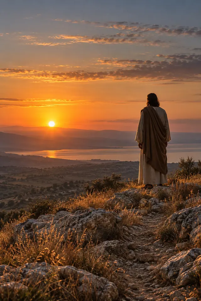 Jesus de costas em uma colina rochosa, diante do pôr do sol dourado sobre um lago e montanhas.