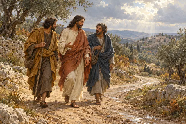 Jesus e dois discípulos caminham entre oliveiras por uma estrada de terra, com uma vila e raios de sol ao fundo.