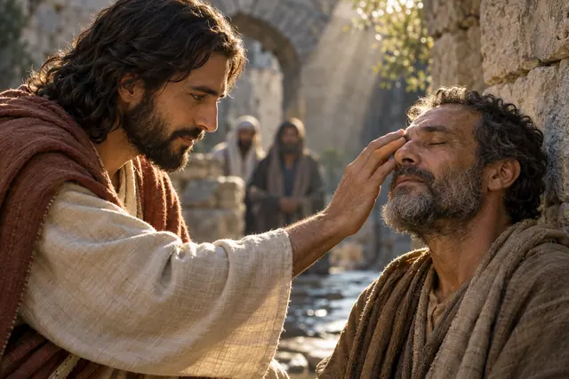 Jesus toca o rosto de um homem cego junto a um muro de pedra, sob a luz dourada da tarde.